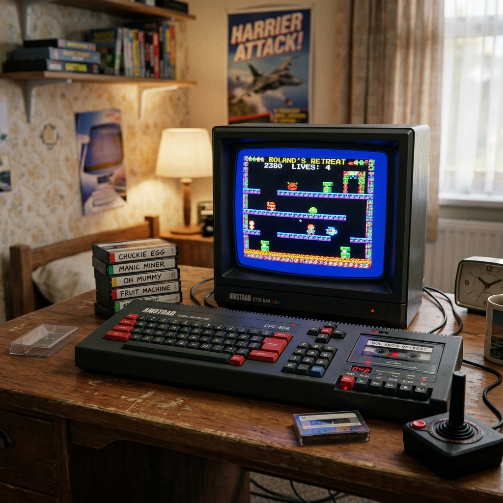 Un Amstrad CPC 464 encendido mostrando un juego de plataformas de 8 bits