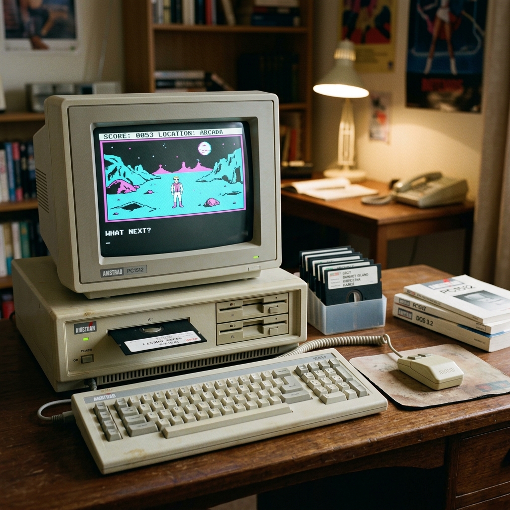 Un Amstrad PC1512 con pantalla CRT mostrando gráficos clásicos en CGA cian y magenta