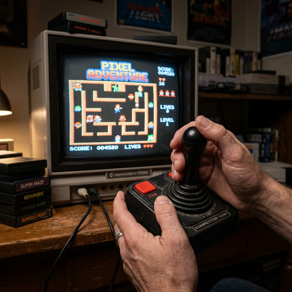 Primer plano de manos jugando a un videojuego retro con un joystick de los 80